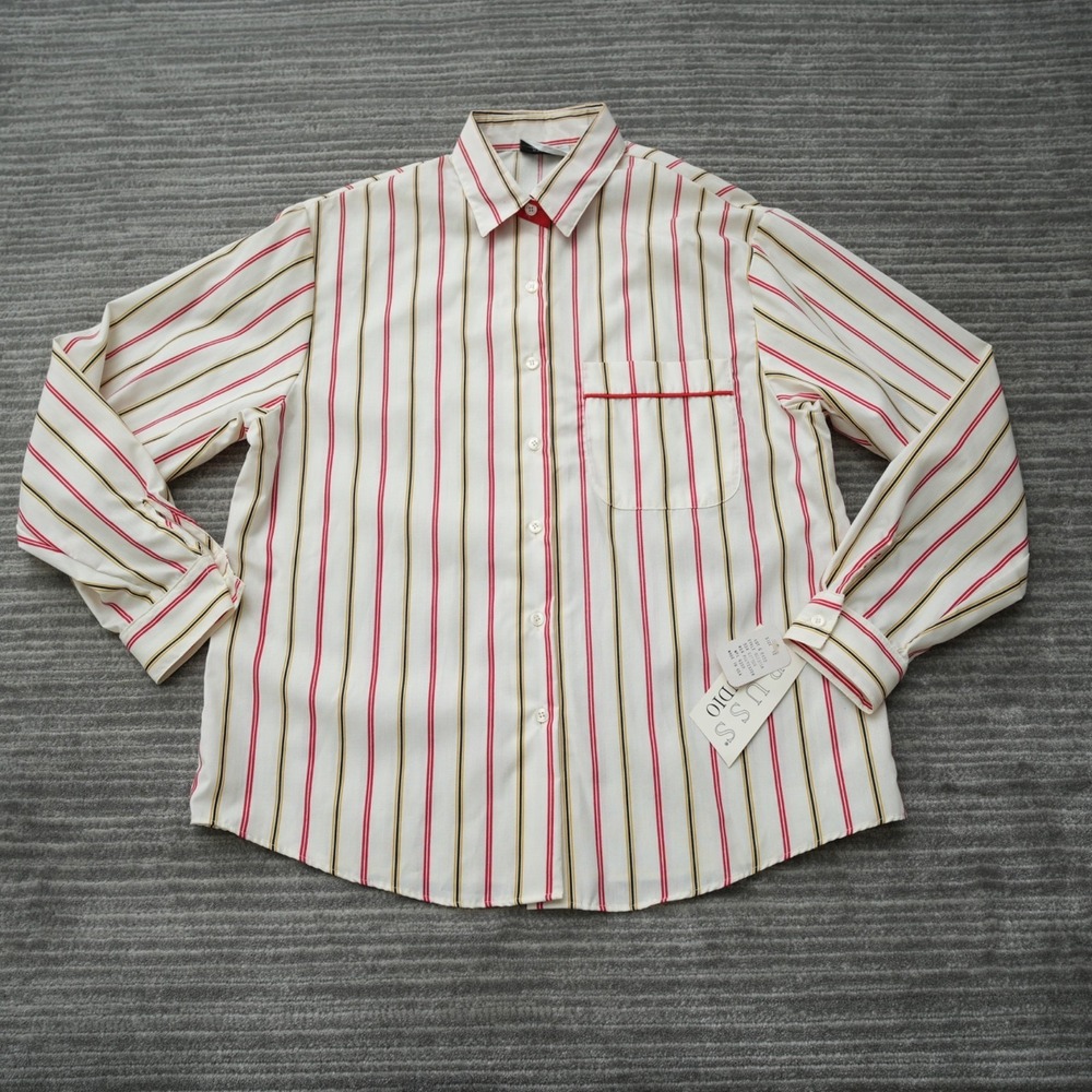Russ Studio Shirt Women Button Up White Vintage Stripped Made In USA New Size 12